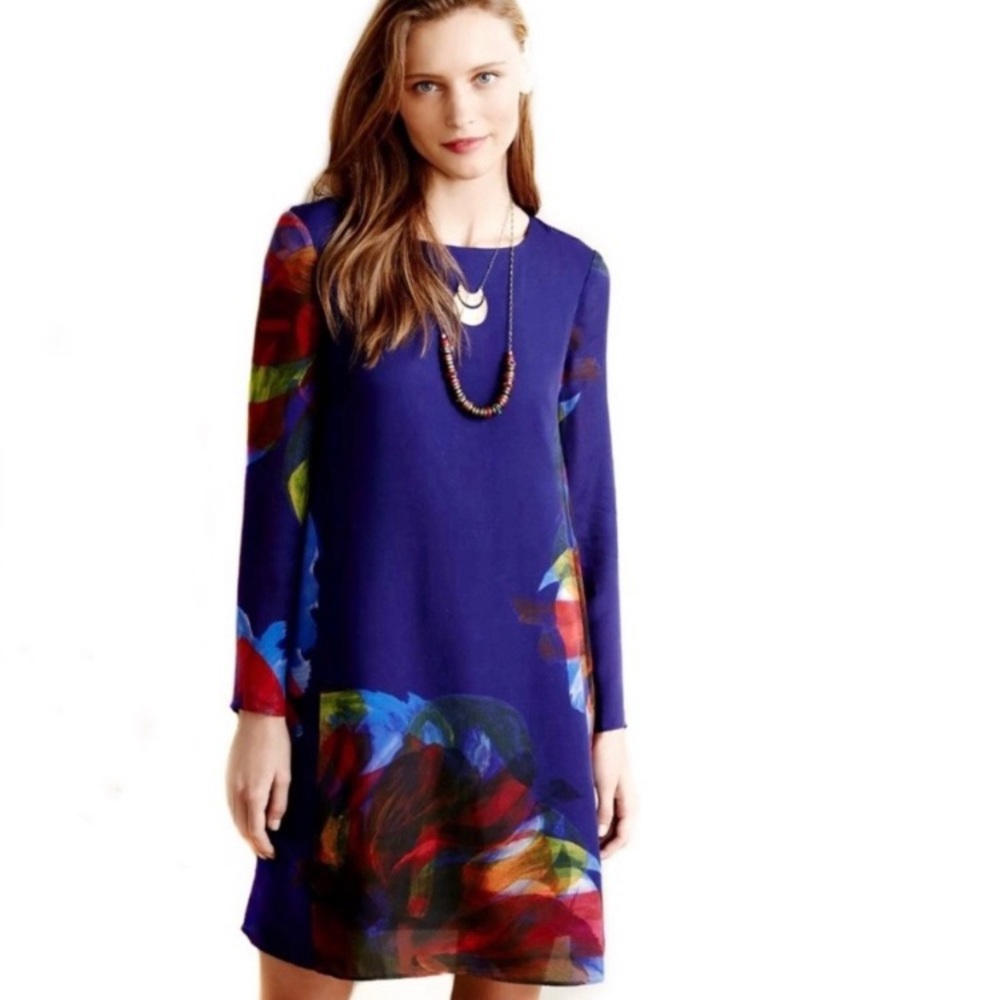 Anthropologie Navy Blue Long-Sleeve Floral Print Dress